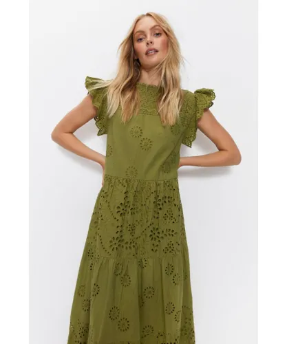 Warehouse Womens Broderie Mix Tiered Midi Dress - Olive Cotton
