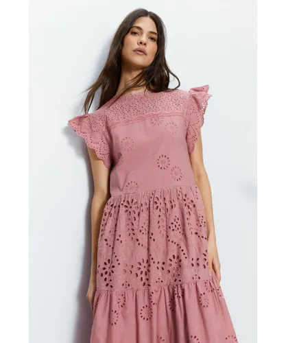 Warehouse Womens Broderie Mix Tiered Midi Dress - Rose Cotton