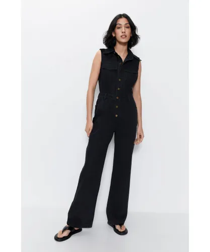 Warehouse Womens Button Through Collared Denim Wide Leg Jumpsuit - Black Cotton