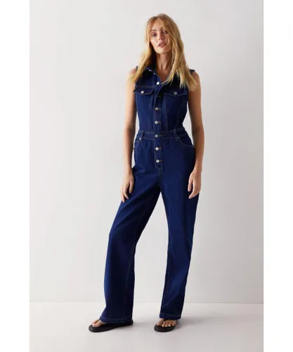 Warehouse Womens Button Through Collared Denim Wide Leg Jumpsuit - Blue Cotton