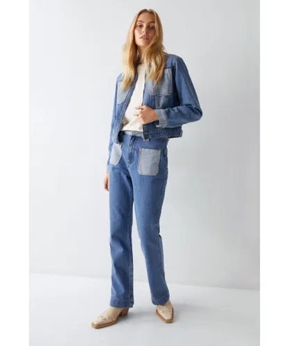 Warehouse Womens Colour Block Straight Leg Jeans - Blue Cotton