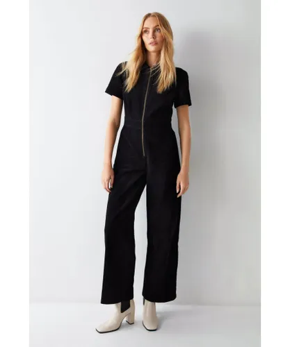 Warehouse Womens Corduroy Short Sleeve Jumpsuit - Black Cotton