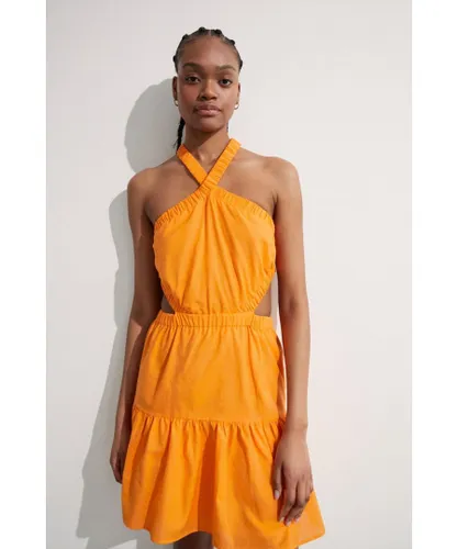 Warehouse Womens Cotton Cross Back Cut Out Mini Dress - Orange