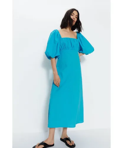 Warehouse Womens Cotton Puff Sleeve Ruched Bodice Midi Dress - Blue