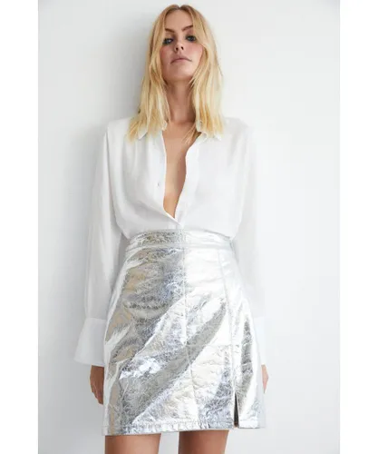 Warehouse Womens Crackle Faux Leather Pelmet Skirt - Silver
