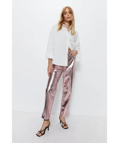 Warehouse Womens Crackle Faux Leather Straight Leg Trouser - Pink