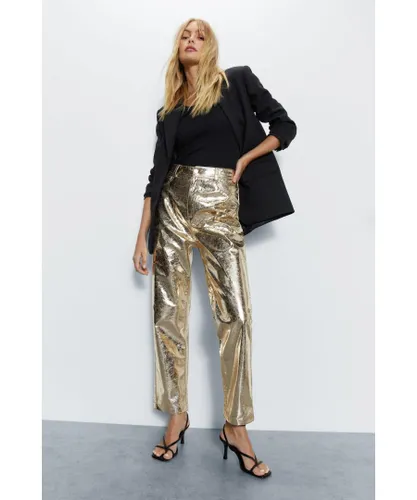 Warehouse Womens Crackle Faux Leather Straight Trouser - Gold