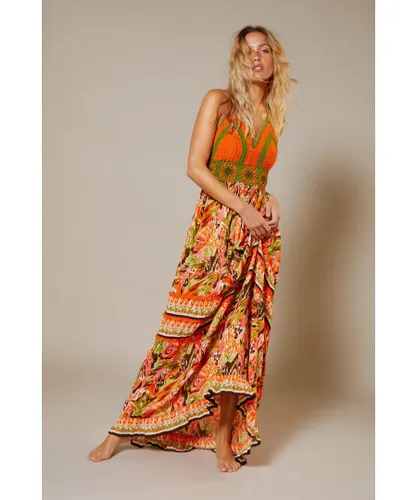 Warehouse Womens Crinkle Rayon Border Print Crochet Top Maxi Dress - Orange Viscose