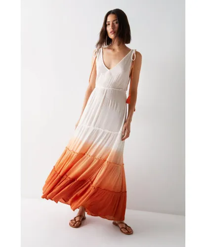 Warehouse Womens Crinkle Viscose Ombre Tiered Tie Maxi Dress - Rust