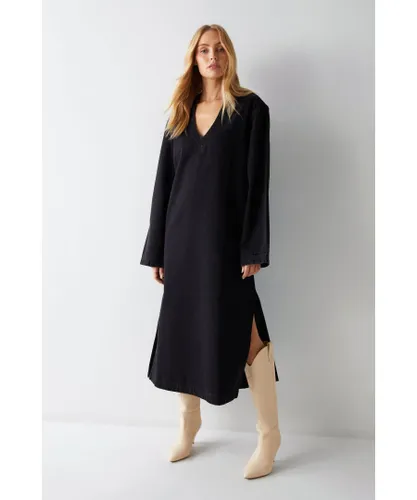 Warehouse Womens Denim Long Sleeve Midi Smock Dress - Black Cotton