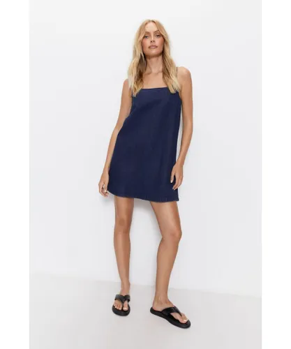 Warehouse Womens Denim Strappy Mini Dress - Blue Cotton