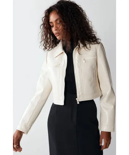 Warehouse Womens Faux Leather Patent Retro Crop Jacket - Ivory