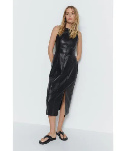 Warehouse Womens Faux Leather Sleeveless Midi Dress - Black