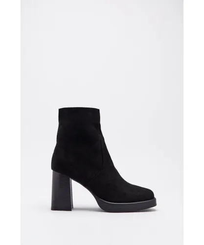 Warehouse Womens Faux Suede Square Toe Platform Ankle Boot - Black