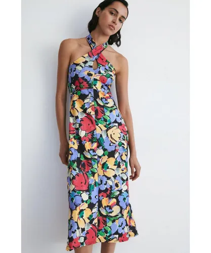 Warehouse Womens Floral Halter Neck Jersey Crepe Midi Dress - Multicolour