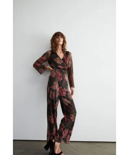Warehouse Womens Floral Metallic Plisse Wrap Jumpsuit - Multicolour