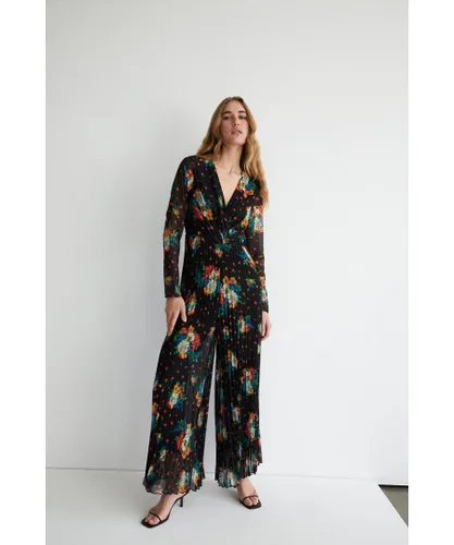 Warehouse Womens Floral Print Wide Leg Pleated Jumpsuit - Black