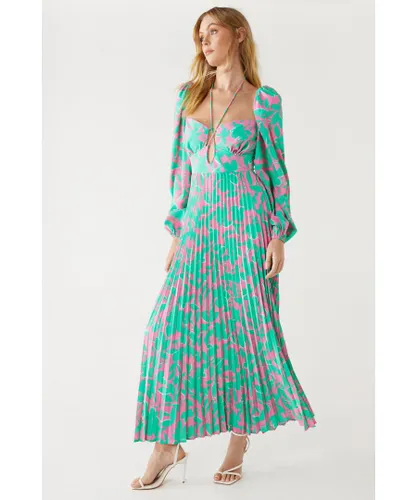 Warehouse Womens Floral Printed Strap Detail Pleated Midi Dress - Green