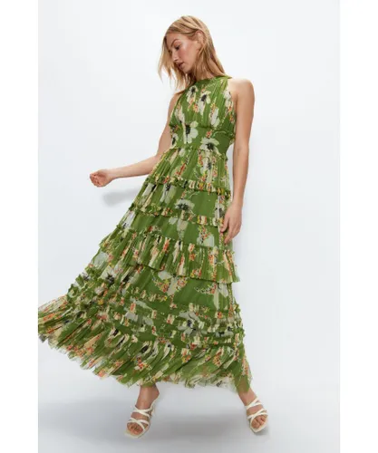 Warehouse Womens Floral Printed Tulle Keyhole Halter Maxi Dress - Green