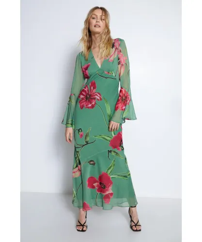 Warehouse Womens Floral Printed V Neck Fluted Sleeve Maxi Dress - Green