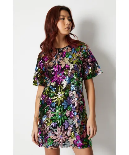 Warehouse Womens Floral Sequin Mini Shift Dress - Multicolour