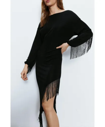 Warehouse Womens Fringed Long Sleeve Midi Dress - Black