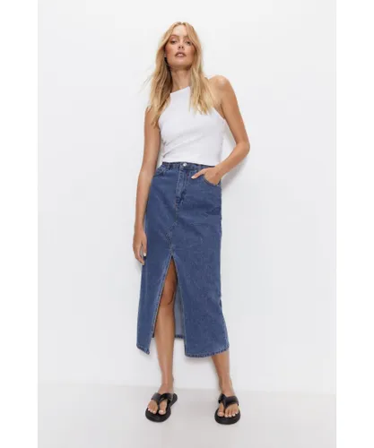 Warehouse Womens Front Split Denim Midi Skirt - Blue Cotton