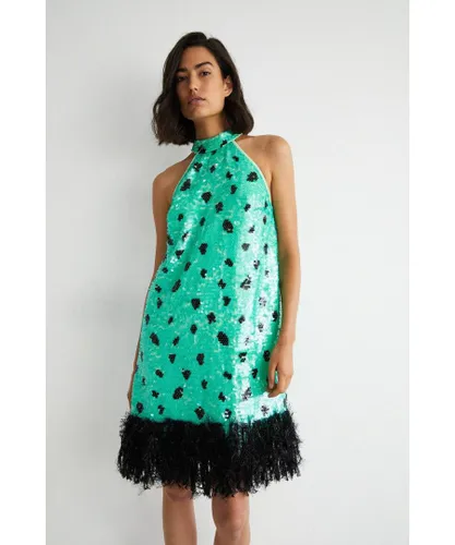 Warehouse Womens Halter Neck Feather Trim Sequin Mini Dress - Green