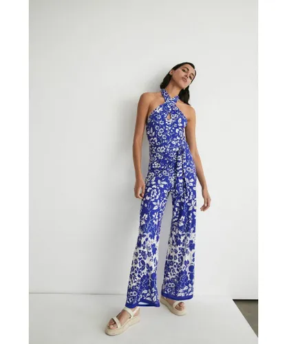 Warehouse Womens Halter Neck Floral Border Print Jumpsuit - Blue
