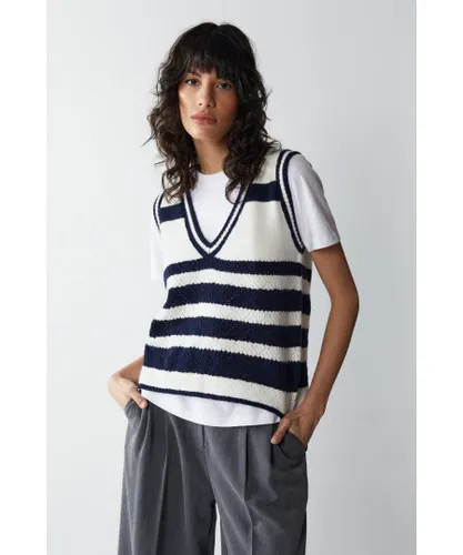 Warehouse Womens Knitted Crochet Pointelle Stripe Sweater Vest - Navy