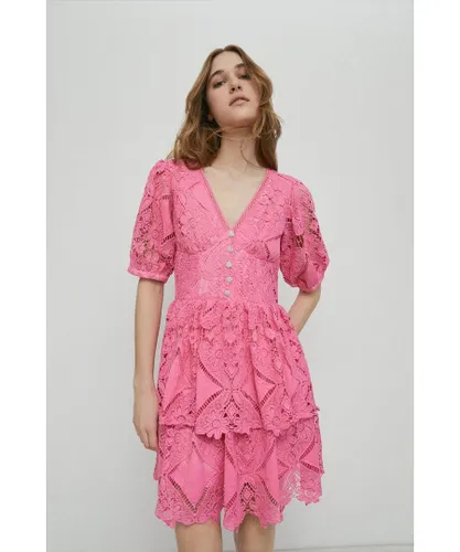 Warehouse Womens Lace V Neck Mini Dress - Pink
