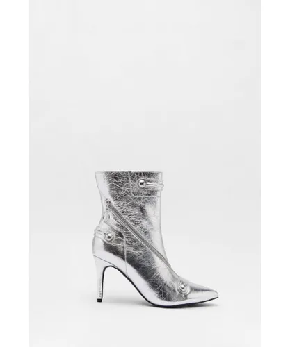 Warehouse Womens Leather Metallic Zip & Stud Pointed Toe Ankle Boots - Silver