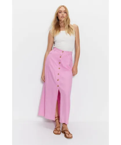 Warehouse Womens Linen Button Detail Midi Skirt - Pink Viscose