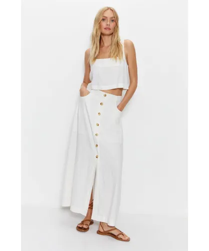 Warehouse Womens Linen Button Detail Midi Skirt - White Viscose