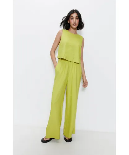 Warehouse Womens Linen Paper Bag Wide Leg Trousers - Lime Green Viscose