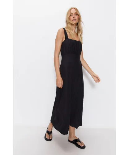 Warehouse Womens Linen Ruched Detail Maxi Dress - Black Viscose