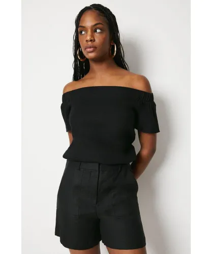 Warehouse Womens Linen Tailored Shorts - Black Viscose