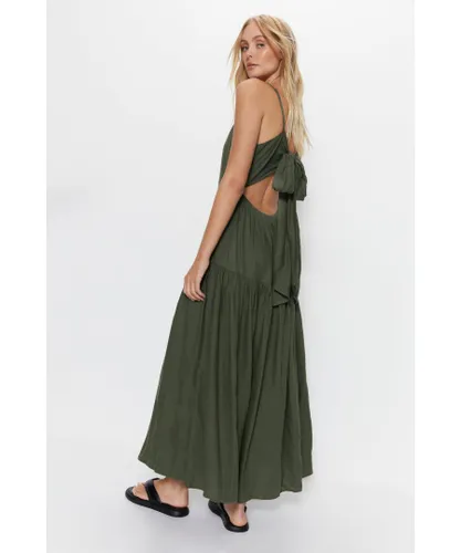 Warehouse Womens Linen Tiered Bow Detail Maxi Dress - Khaki Viscose