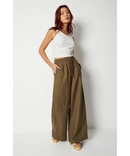 Warehouse Womens Linen Wide Leg Trousers - Khaki
