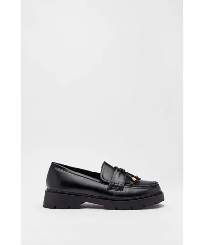 Warehouse Womens Loafer With Tassle And Gold Trim - Black