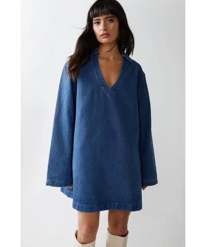 Warehouse Womens Long Sleeve Denim Smock Dress - Blue Cotton