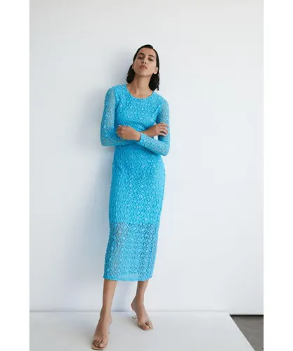 Warehouse Womens Long Sleeve Lace Cut Out Midi Dress - Blue Polyamide