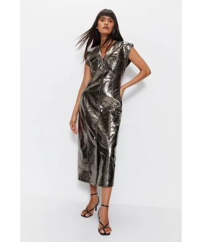 Warehouse Womens Metallic Crackle Faux Leather Midi Dress - Charcoal