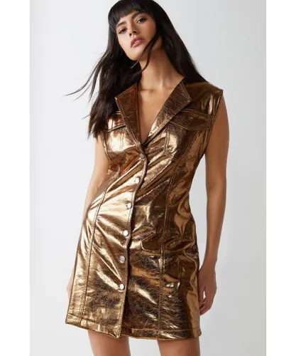 Warehouse Womens Metallic Crackle Faux Leather Mini Dress - Bronze