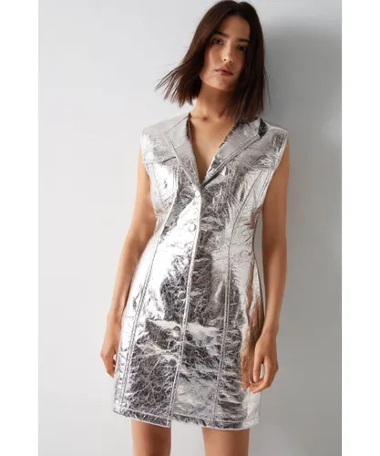 Warehouse Womens Metallic Crackle Faux Leather Mini Dress - Silver