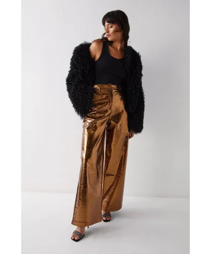 Warehouse Womens Metallic Crackle Faux Leather Wide Leg Trousers - Bronze