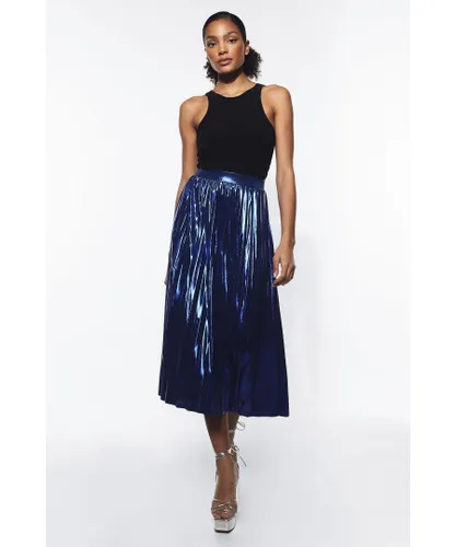 Warehouse Womens Metallic Lame Pleated Midi Skirt - Blue