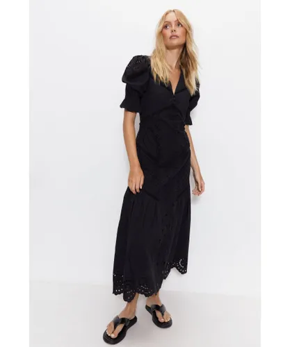 Warehouse Womens Mixed Broderie Button Front Puff Sleeve Maxi Dress - Black Cotton