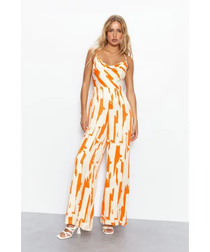 Warehouse Womens Petite Abstract Print Satin Cowl Strappy Jumpsuit - Orange Viscose