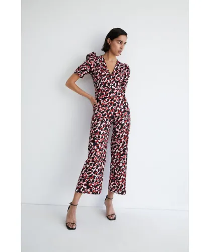 Warehouse Womens Petite Satin Printed V Neck Jumpsuit - Red